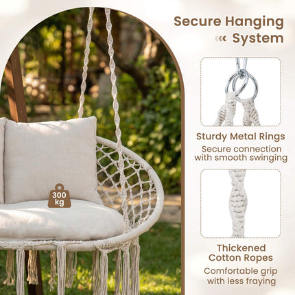2-Seater Boho Hanging Chair with Cushions, Beige