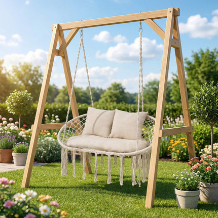 2-Seater Boho Hanging Chair with Cushions, Beige