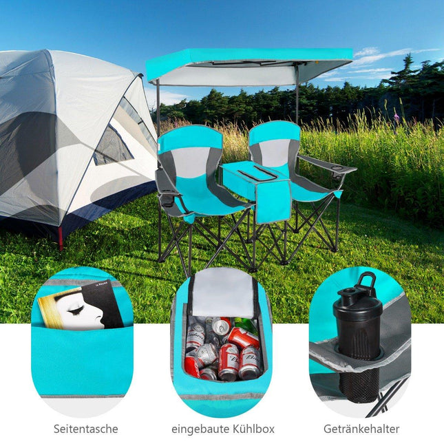 2-Seater Camping Chair with Sun Protection Mini Table Folding Fishing Chair with Carry Bag 166 x 71 x 151 cm Navy