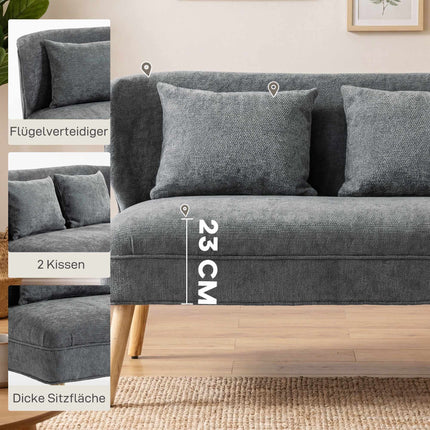 2-Sitzer Chenille-Sofa, Ohrensessel, Kautschukholzbeine, Grau