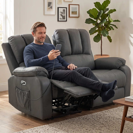2-Seater Electric Recliner Sofa with Massage & Heat, USB Ports