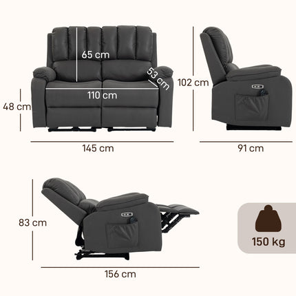 2-Seater Electric Recliner Sofa with Massage & Heat, USB Ports