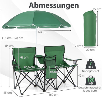 2-Seater Folding Camping Chair with Umbrella & Bag