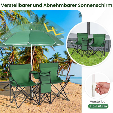 2-Seater Folding Camping Chair with Umbrella & Bag