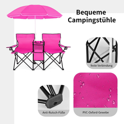 2-Sitzer Falt-Campingstuhl mit Schirm, Rosa