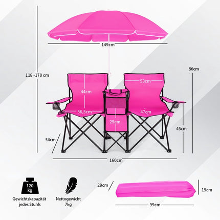 2-Sitzer Falt-Campingstuhl mit Schirm, Rosa