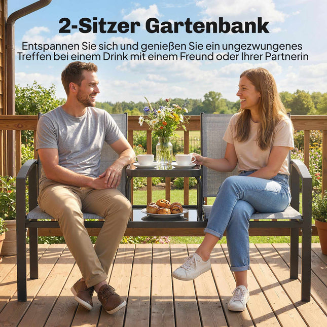 2-Sitzer Gartenbank mit Tisch, Metallgestell, Grau