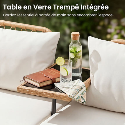 2-Seater Garden Rattan Sofa With Cushions, Glass Table