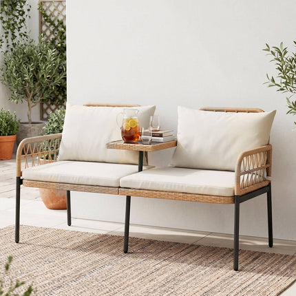 2-Seater Garden Rattan Sofa With Cushions, Glass Table
