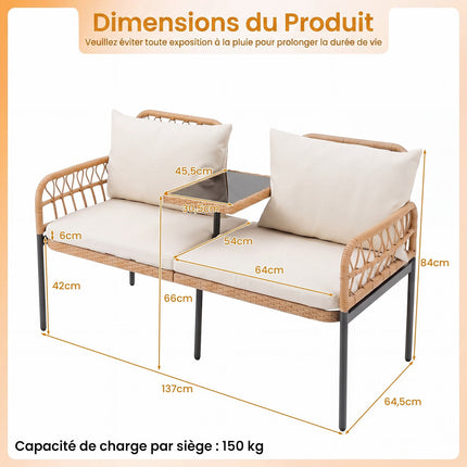 2-Seater Garden Rattan Sofa With Cushions, Glass Table