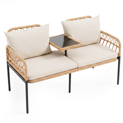 2-Seater Garden Rattan Sofa With Cushions, Glass Table