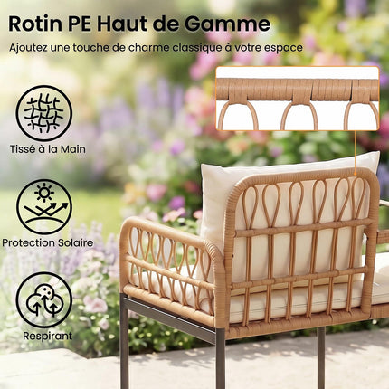 2-Seater Garden Rattan Sofa With Cushions, Glass Table