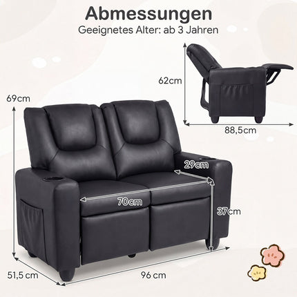 2-Seater Kids Recliner Sofa with Cup Holders - Black