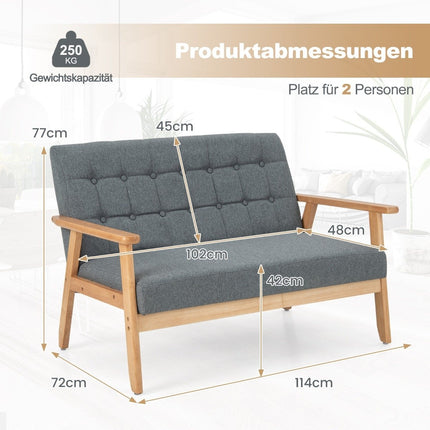 2-Seater Linen Sofa, Rubberwood Frame, Button Design