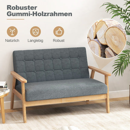 2-Seater Linen Sofa, Rubberwood Frame, Button Design