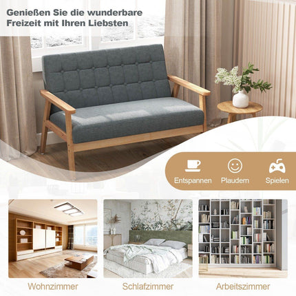 2-Seater Linen Sofa, Rubberwood Frame, Button Design