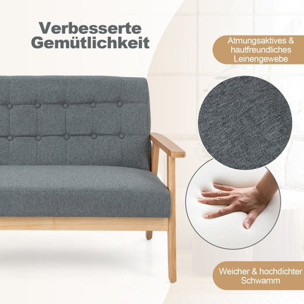 2-Seater Linen Sofa, Rubberwood Frame, Button Design