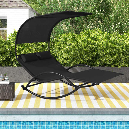 2-Sitzer Outdoor-Schaukelliege mit Sonnendach und Kopfstützen, Schwarz