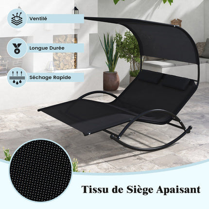 2-Sitzer Outdoor-Schaukelliege mit Sonnendach und Kopfstützen, Schwarz