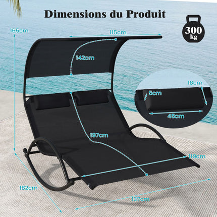 2-Sitzer Outdoor-Schaukelliege mit Sonnendach und Kopfstützen, Schwarz