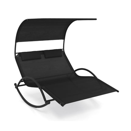 2-Sitzer Outdoor-Schaukelliege mit Sonnendach und Kopfstützen, Schwarz