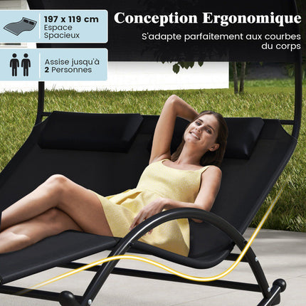 2-Sitzer Outdoor-Schaukelliege mit Sonnendach und Kopfstützen, Schwarz