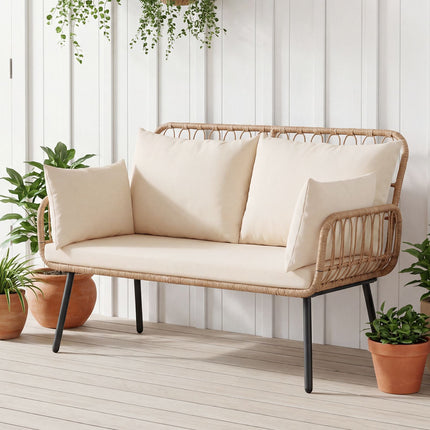 2-Sitzer PE-Rattan Outdoor-Sofa mit Kissen, Beige