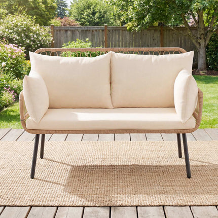 2-Sitzer PE-Rattan Outdoor-Sofa mit Kissen, Beige