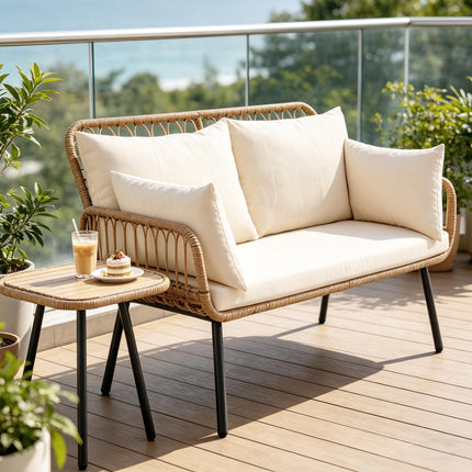 2-Sitzer PE-Rattan Outdoor-Sofa mit Kissen, Beige