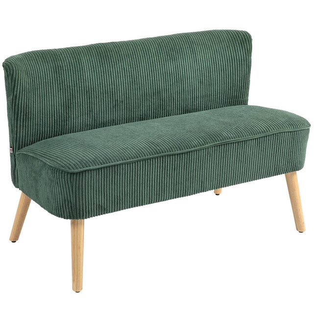 Grünes Zweisitzer-Sofa, Cord-Optik, Holzbeine