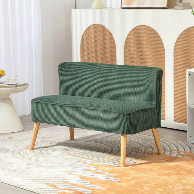 Grünes Zweisitzer-Sofa, Cord-Optik, Holzbeine