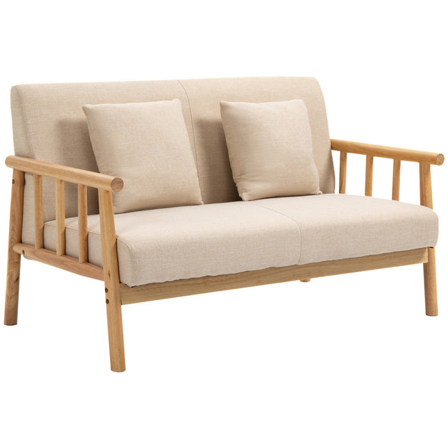 Beiges 2-Sitzer Sofa mit Kissen, Leinenoptik, kompakt