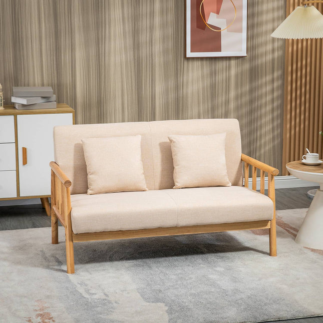 Beiges 2-Sitzer Sofa mit Kissen, Leinenoptik, kompakt