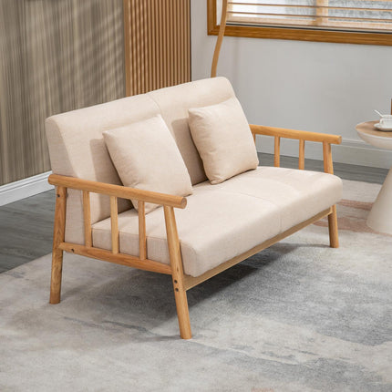 Beiges 2-Sitzer Sofa mit Kissen, Leinenoptik, kompakt