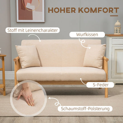 Beiges 2-Sitzer Sofa mit Kissen, Leinenoptik, kompakt