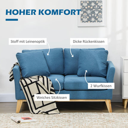2-Sitzer-Sofa in Leinenoptik, gepolstert, Holzbeine, blau