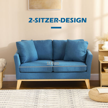 2-Sitzer-Sofa in Leinenoptik, gepolstert, Holzbeine, blau