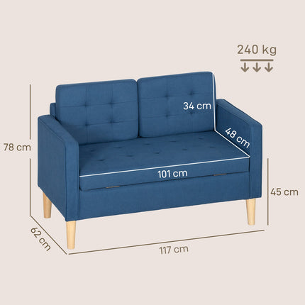 Dvoumístná pohovka s úložným prostorem, modrý samet, kompaktní design