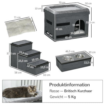 Katzenbett mit 2 Edelstahlnäpfen, grau, bis 8 kg