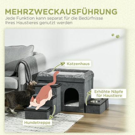 Katzenbett mit 2 Edelstahlnäpfen, grau, bis 8 kg