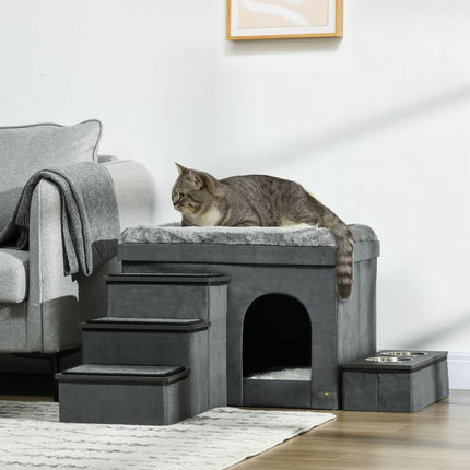 Katzenbett mit 2 Edelstahlnäpfen, grau, bis 8 kg