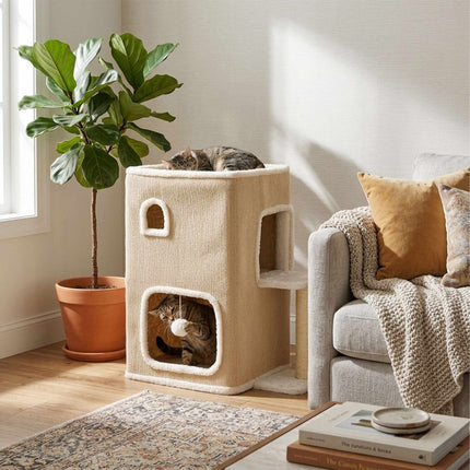 2-Storey Cat House with Sisal Post & Toys - Beige