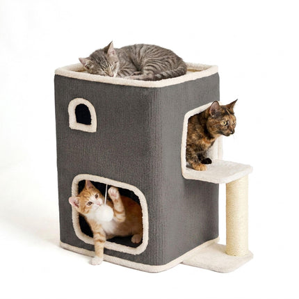 2-Storey Cat House with Sisal Post and Toys - Grey