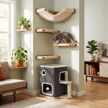 2-Storey Cat House with Sisal Post and Toys - Grey