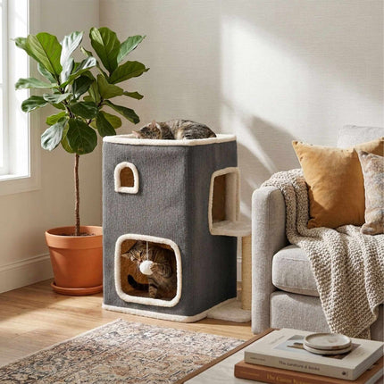 2-Storey Cat House with Sisal Post and Toys - Grey