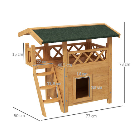 Hölzernes 2-stöckiges Katzenhaus mit Balkon und Teerdach