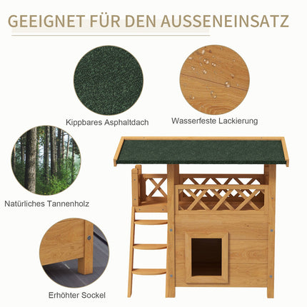 Hölzernes 2-stöckiges Katzenhaus mit Balkon und Teerdach