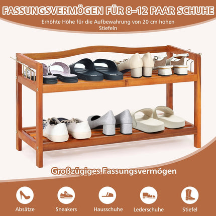 2-Tier Acacia Wood Shoe Rack with Side Hooks