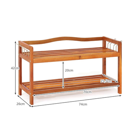 2-Tier Acacia Wood Shoe Rack with Side Hooks