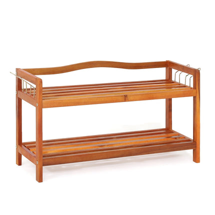 2-Tier Acacia Wood Shoe Rack with Side Hooks